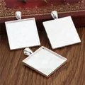 Square silver alloy pendant base with textured interior for DIY jewelry making - Square Smooth Tray Style / Bright Silver (A7-09)