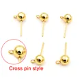 Detailed view of gold ball stud earring findings with hanging loops for jewelry making - Cross Style (Vertical Hole) / Gold / 3mm