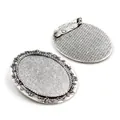 Vintage silver alloy oval brooch base with floral edge and safety pin for DIY jewelry - Vintage Silver Floral Leaf Relief Style (B3-45)