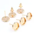 Multiple views of gold plated stainless steel earring stud bases for DIY jewelry making - 6mm (50 Pieces/Pack, Without Backs) / KC Gold