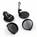 Macro view showing four black metal DIY ear clip bases with round tray and hinge mechanism - Black