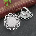 Silver adjustable ring base with a 20mm round tray and woven edge for DIY jewelry - Antique Silver Wave Woven Style (K4-14)