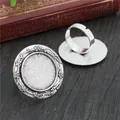 Adjustable antique silver DIY ring base with intricate floral relief and round tray - Antique Silver Embossed Vine Floral Style (K4-32)