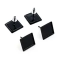 Detail showing 12mm black square earring base studs with silicone backs on white background - Black