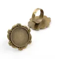 Vintage bronze adjustable alloy ring base with 20mm round floral relief tray for DIY jewelry - Antique Bronze Leaf Embossed Style (K5-03)