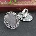 Vintage silver oval DIY ring base with hollow floral edges and adjustable band - Vintage Silver Shell Pattern (J4-24)