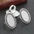 Adjustable oval antique silver ring bases with embossed beaded edges for DIY jewelry - Vintage Silver Beaded Pattern (J3-05)