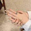 Long trapezoid press-on nails in champagne with amber gems and gold leaf foil art - Extra Small (XS) / Medium Long Coffin Style (2258)