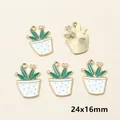 Golden alloy cactus charms with green enamel and pink flowers measuring 24x16mm - White Polka Dot Pink Flower Cactus (C5-27)