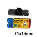 Adventure Awaits enamel board pass badge pin in yellow, blue and red finish - Black Flight Ticket Style
