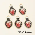Five pieces of 30x17mm punk gothic heart bottle charms with red enamel and golden loop - 30x17mm