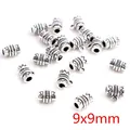 Antique silver alloy 9x9mm carved spacer beads with geometric patterns for DIY jewelry - Geometric Cylindrical Finding (R1-37)