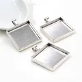 Three antique silver square alloy pendant trays for DIY jewelry making on white background - Antique Silver