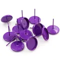 Close-up of 10mm purple metal earring studs with flat cabochon tray bases for DIY - Purple
