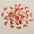 Golden moon crescent pendants with red enamel finish and sunburst pattern for DIY jewelry - Bright Red (E1-28)