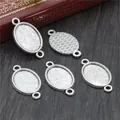 Five oval antique silver pendant trays with mesh texture and double loops for DIY jewelry - Antique Silver Oval Double Loop Woven Base (D4-27)