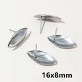 Macro detail of 16x8mm stainless steel marquise earring posts with DIY hanging loops - Steel Leaf Style (F7-28)