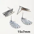 Macro shot of 15x7mm silver stainless steel geometric earrings with radial stripes - Steel Fan Style (F5-45)
