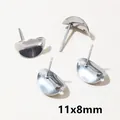 Macro shot of 11x8mm silver irregular stainless steel earring posts with hanging loop - Steel Semicircle Style (F7-14)