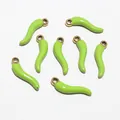 Set of 8 green enamel chili pepper pendants with gold plated stainless steel loops - Green