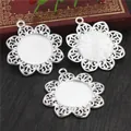 Three silver hollowed-out flower pendant bases for DIY jewelry making on wood - Silver Petal Style (A3-42)