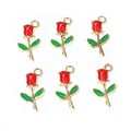 Set of six red rose flower enamel pendants with golden alloy borders for DIY jewelry making - Red