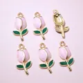 Detail view of 6 tulip flower enamel charms with gold metal base for DIY jewelry making - Pearlescent Pink Style (AI6-31)