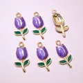 Macro detail of six purple enamel tulip flower pendants with gold-plated edges for DIY jewelry - Charming Purple Style (AI6-35)