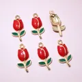 Detailed macro view showing the enamel tulip charm front and its hollow gold-tone back - Vibrant Red Style (AI6-36)