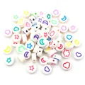 White flat round polymer clay beads with colorful star and heart patterns for DIY jewelry - Mixed Star Moon Heart (AG6-01)