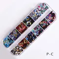 Dettaglio di scatola a 12 scomparti con paillettes rotonde colorate per nail art - P-C Scaglie Rotonde (12 Griglie in Scatola)