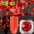 Macro-opname van rode metallic nagelglitters in een potje met voorbeelden van manicure-effect - Helder Rood (CB03)