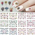 Detailed sheet of 12 water transfer nail decals featuring black and white rose floral designs - Nature and Mandala Theme (BN1177-1188)
