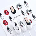 Detail view of red lips and weapon nail water decals for edgy manicure art - Red Lips Cherry Gun Graffiti Style (STZ-763)