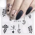 Detail view of STZ-815 nail stickers featuring black celestial moon and leaf designs - Bohemian Star Moon Style (STZ-815)