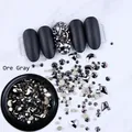 Mixed shape ore gray nail art rhinestones set with metallic crystals and black matte nails - Black Round Bottle / Ore Grey