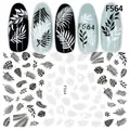Classic black and white tropical leaf nail art stickers featuring monstera and fern patterns - Tropical Botanical Leaf Style (F564)