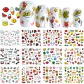 Set de 12 pegatinas de agua para uñas con diseños coloridos de gatos y corazones - Patrón Mixto BN1273-1284