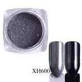 Silver chrome nail powder XH600 with metallic mirror finish on black base nails - Metallic Silver Gray Style (XH600)