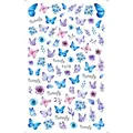 Dettaglio di adesivi per unghie con farfalle blu e fiori viola in stile acquerello - Stile Floreale Farfalla Acquerello Fresco (F678)