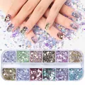 Detailansicht des 12-Raster Nagelhaut-Glitzer-Sets mit irisierenden Pailletten und Puder - 12 Farben Laser Holographisch Gemischte Kollektion