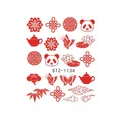 Red Chinese nail stickers with panda, lotus and traditional knot patterns, style STZ-1134 - Panda and Chinese Elements Style (STZ-1134)