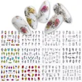 Detailset mit 12 Nagelsticker-Wasserbildern mit bunten Blumen- und Schmetterlingsmustern - Böhmischer Tintenstil (BN1441-1452)