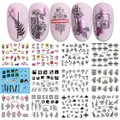 Gros plan de 12 stickers d'ongles fleurs et papillons avec exemples d'application manucure - Style Ligne Géométrique Lavande (BN1213-1224)