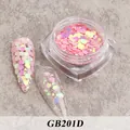 Macro shot of pink iridescent hexagon nail sequins in a jar and applied on manicure - Bottled Sequins Gb201d