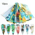10pcs animal print nail transfer foil set featuring blue and gold artistic patterns - Vintage Art Drawing Style (6121)