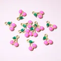 Detail of pink and green cherry charms with gold plating for DIY jewelry making - Peach Pink Cherry Style (E6-68)