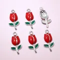 Detail of red tulip flower bud pendants with green leaves for DIY jewelry making - Bright Red