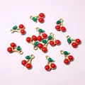 Set of 10 red cherry charms with gold plating and green leaves for DIY jewelry making - Bright Red Cherry Style (E6-70)