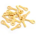 Macro shot of multiple golden alloy key charms for DIY jewelry making on white background - Gold